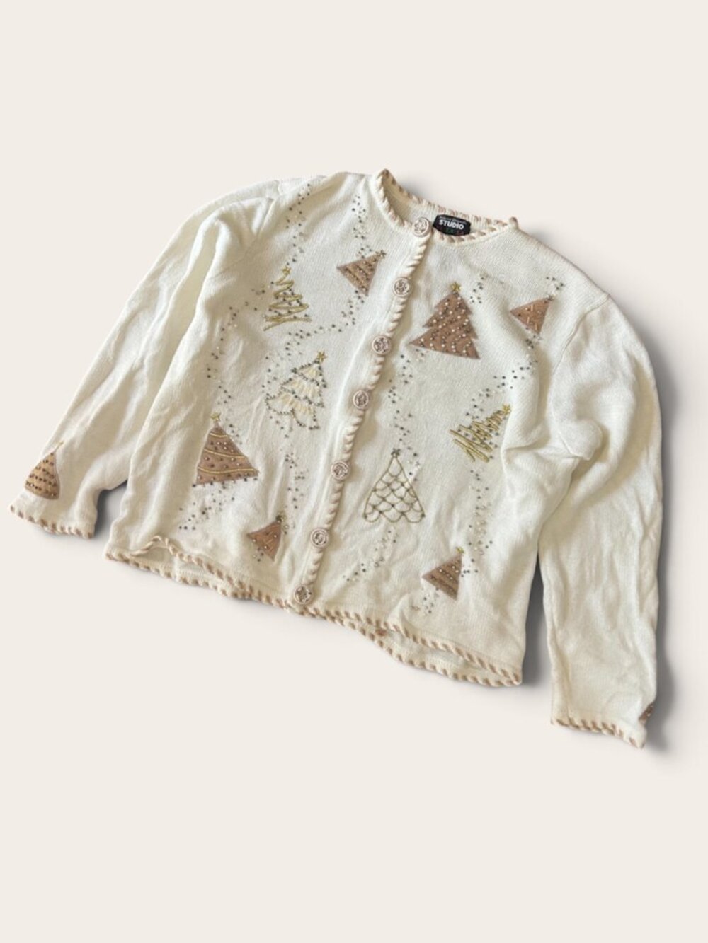 Vintage 90s Designers Originals Fa La La Beaded Christmas Tree Cardigan Size XL
